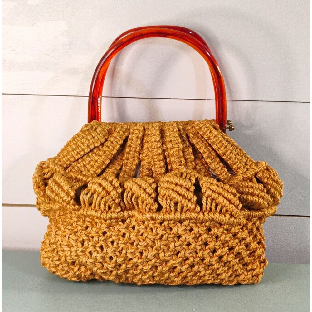 Vintage 70s Tan Crochet Macrame Jute Top Handle Bag Brown Lucite Handles